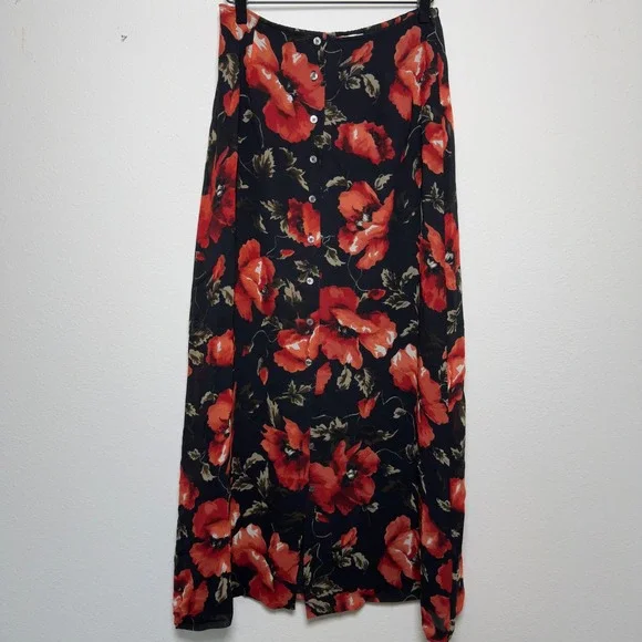 VTG 90s Fairy Grunge Women Skirt Small Black Red Floral Button Whimsigoth Maxi - Picture 1 of 7